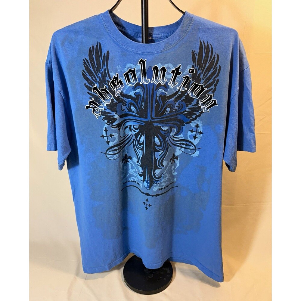 Chemistry Mens XL Blue Cotton Knit Graphic Logo Cross Crew Neck T-Shirt Worn 1X